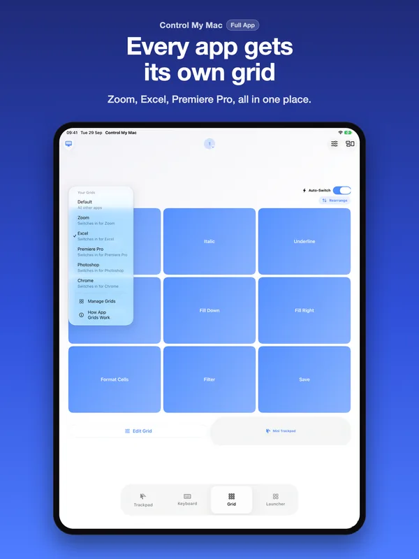 App Store screenshot titled Every app gets its own grid: an iPad with the grid menu open over a large Grid of shortcut buttons