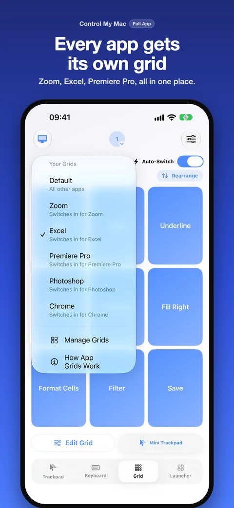 App Store screenshot titled Every app gets its own grid: an iPhone with the grid menu open, listing a Default grid for all other apps and separate Grids that switch in for five Mac apps