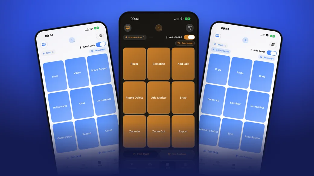 Three iPhones showing Control My Mac shortcut Grids: buttons for a video call app, buttons for a video editor in dark mode, and the Default grid with Copy, Paste and Undo, each with Auto-Switch turned on