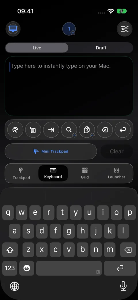 The Control My Mac keyboard on iPhone with Live and Draft tabs, a text field that reads Type here to instantly type on your Mac, and a Mini Trackpad button