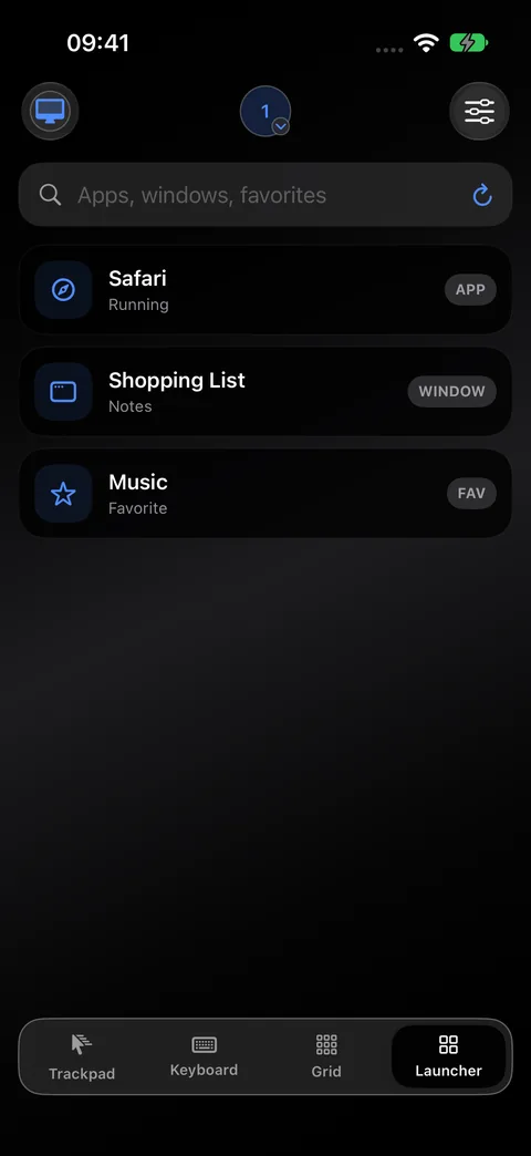 The Control My Mac Launcher on iPhone with a search field for apps, windows and favorites and three results: a running app, an open window and a favorite
