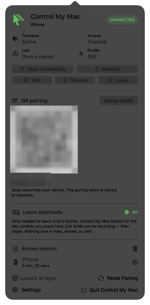 The Control My Mac menu on the Mac showing Connected, a blurred pairing QR code, the Learn shortcuts note that says nothing else is read, stored or sent, and the paired iPhone under Known device