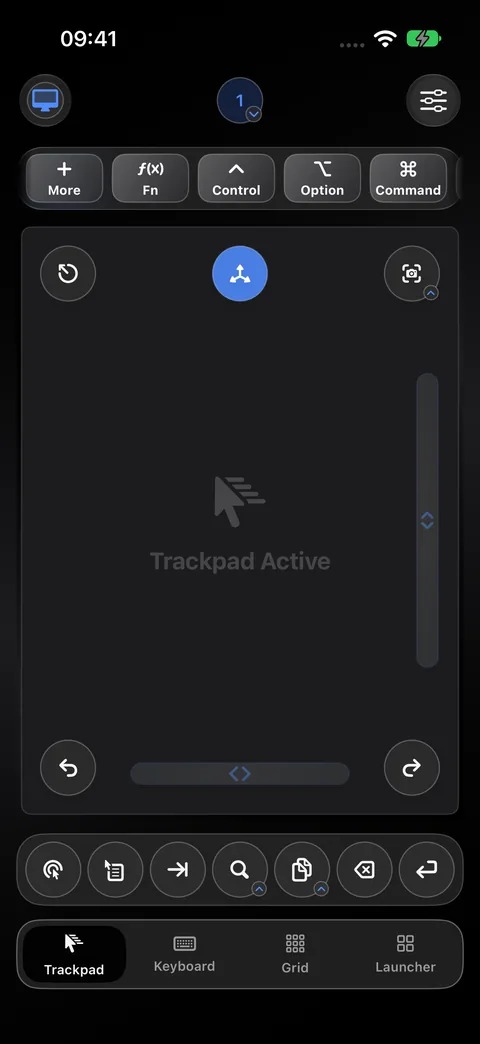 The Control My Mac trackpad on iPhone in dark mode, with Fn, Control, Option and Command keys in a row above the touch area and quick buttons below it
