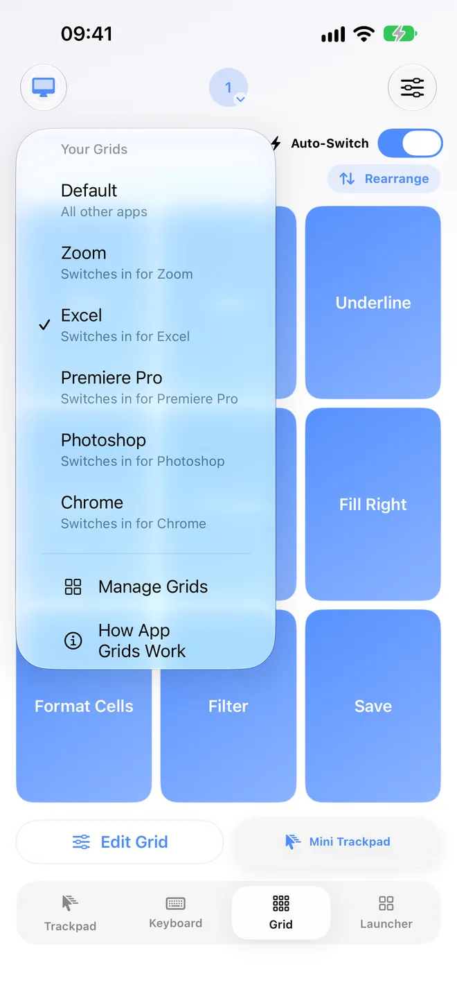 The grid menu on iPhone listing a Default grid for all other apps and separate grids that switch in for Zoom, Excel, Premiere Pro, Photoshop and Chrome, with Manage Grids and How App Grids Work