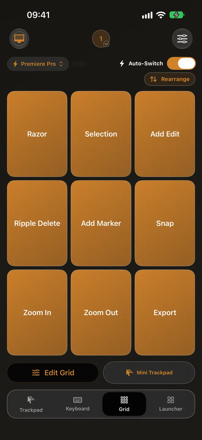 A Premiere Pro Grid on iPhone in dark mode with Razor, Selection, Add Edit, Ripple Delete, Add Marker, Snap, Zoom In, Zoom Out and Export buttons, and Auto-Switch turned on