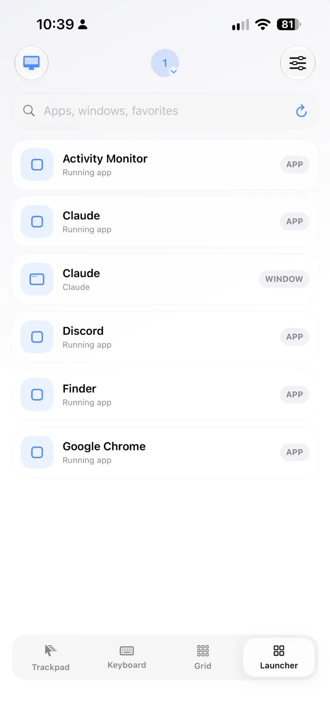 App Launcher on iPhone listing running Mac apps and windows, such as Activity Monitor, Finder and Google Chrome, with a search field at the top