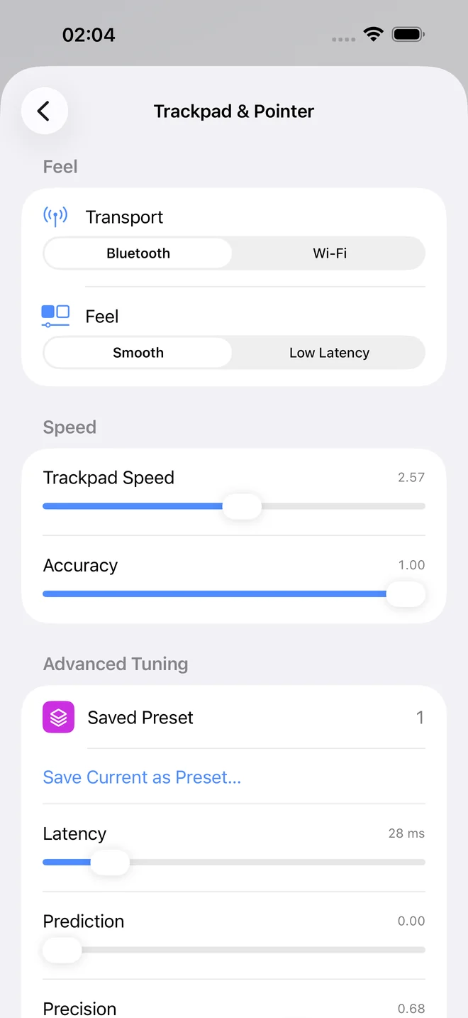 Trackpad and Pointer settings on iPhone: a Bluetooth or Wi-Fi transport switch, Smooth or Low Latency feel, trackpad speed, accuracy and saved presets