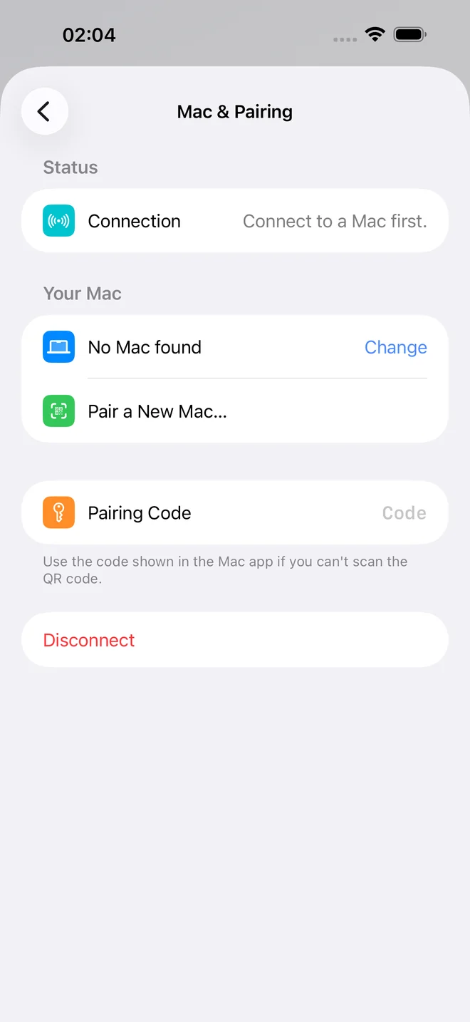 Mac and Pairing settings on iPhone, with options to pair a new Mac and to enter a pairing code if the QR code can't be scanned
