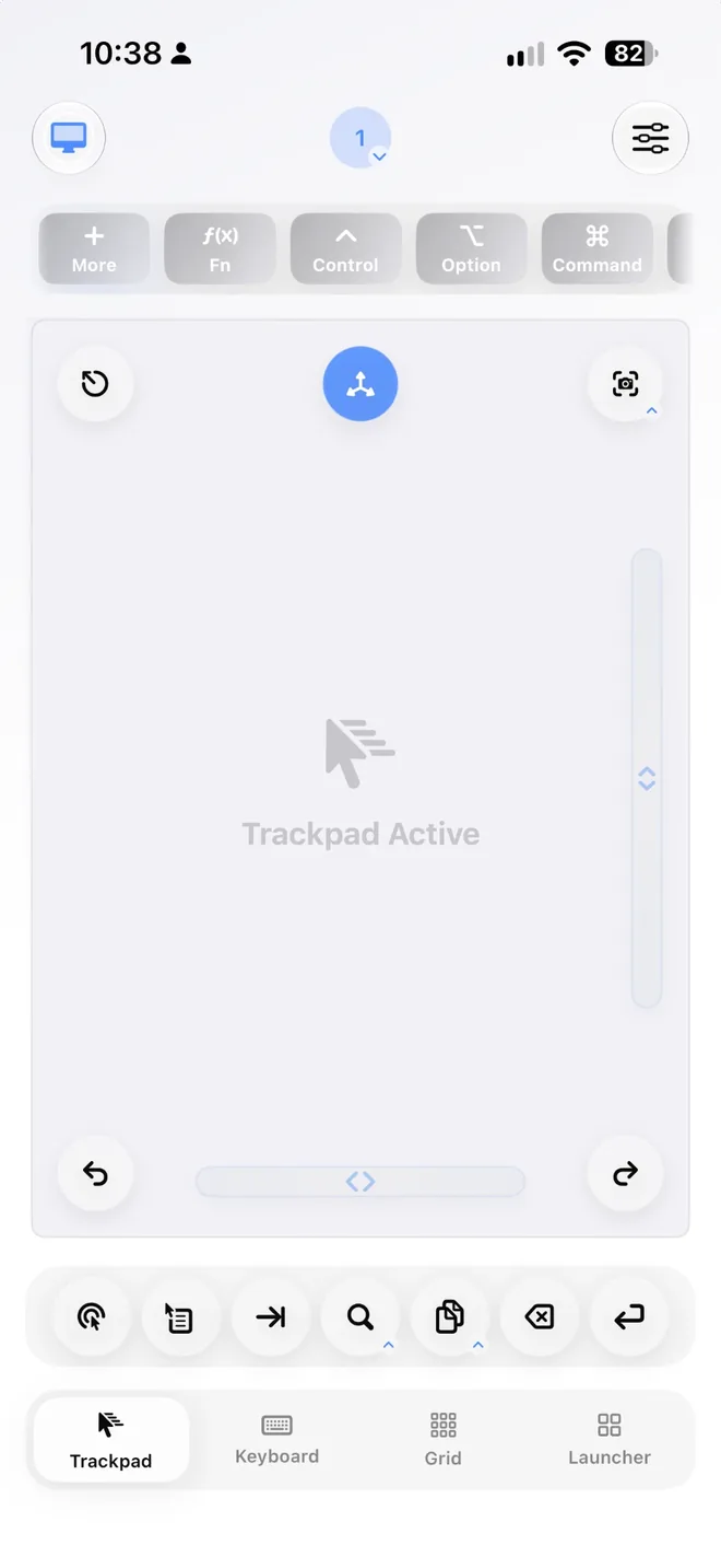Control My Mac trackpad screen on iPhone, with modifier keys along the top and quick buttons for Tab, Spotlight, clipboard, Delete and Return along the bottom