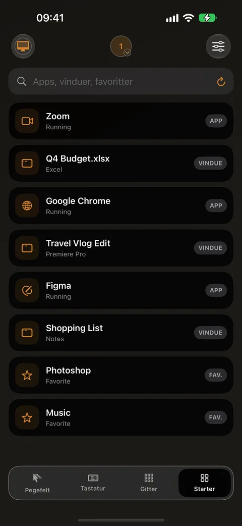 Starter på iPhone med en liste over Mac-apps og vinduer som Finder og Google Chrome