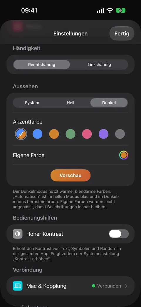 Dunkelmodus und Hilfemodus
