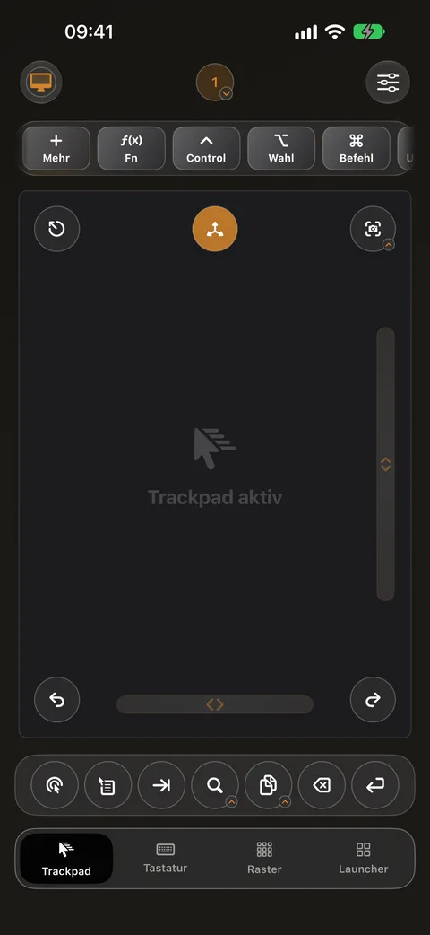 Trackpad-Bildschirm von Control My Mac auf dem iPhone, mit Sondertasten oben und Schnelltasten unten