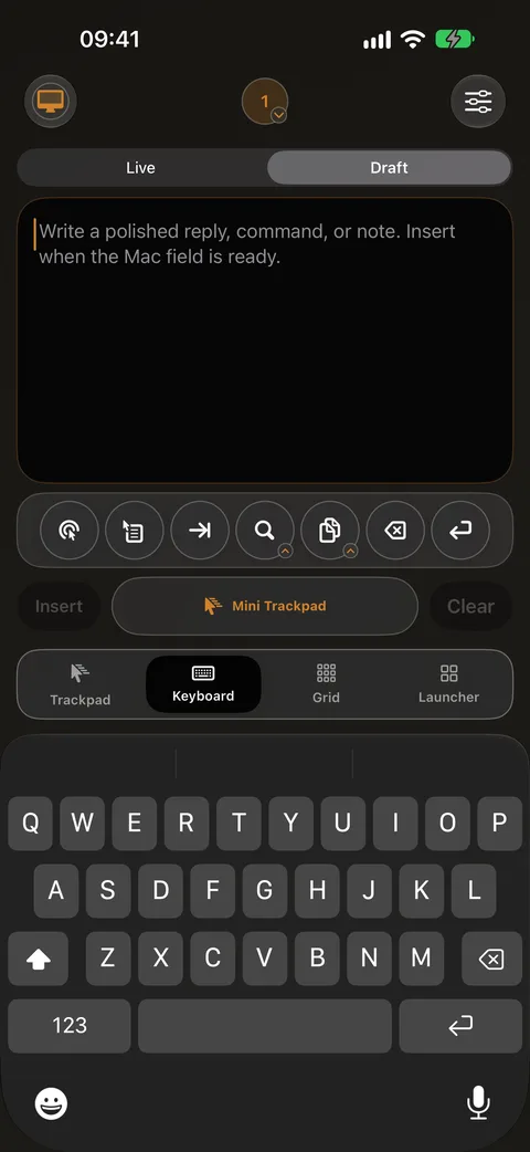 Keyboard screen on iPhone with a text box that types straight into your Mac, above quick buttons and the iPhone keyboard