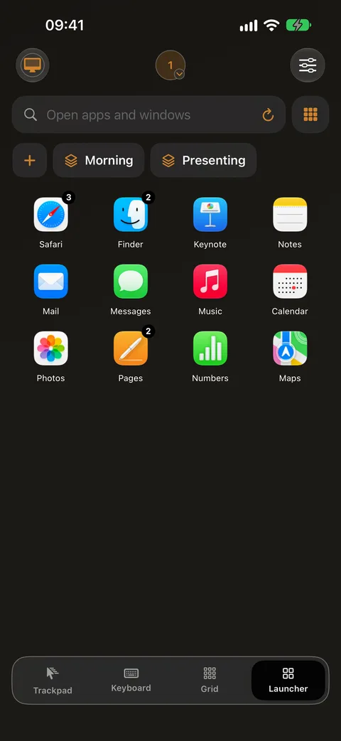App Launcher on iPhone listing running Mac apps and windows, such as Safari, Finder and Keynote, with a search field at the top