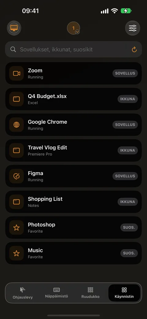 Käynnistin iPhonessa: luettelo Macin sovelluksista ja ikkunoista, kuten Finder ja Google Chrome