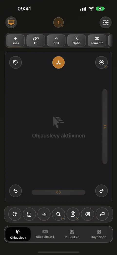 Ohjauslevynäkymä iPhonessa: muuntonäppäimet yläreunassa ja pikapainikkeet alareunassa