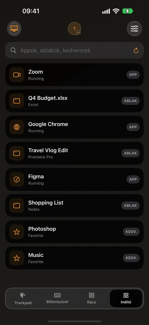Az Indító iPhone-on, Mac-appok és ablakok listájával, például Finder és Google Chrome