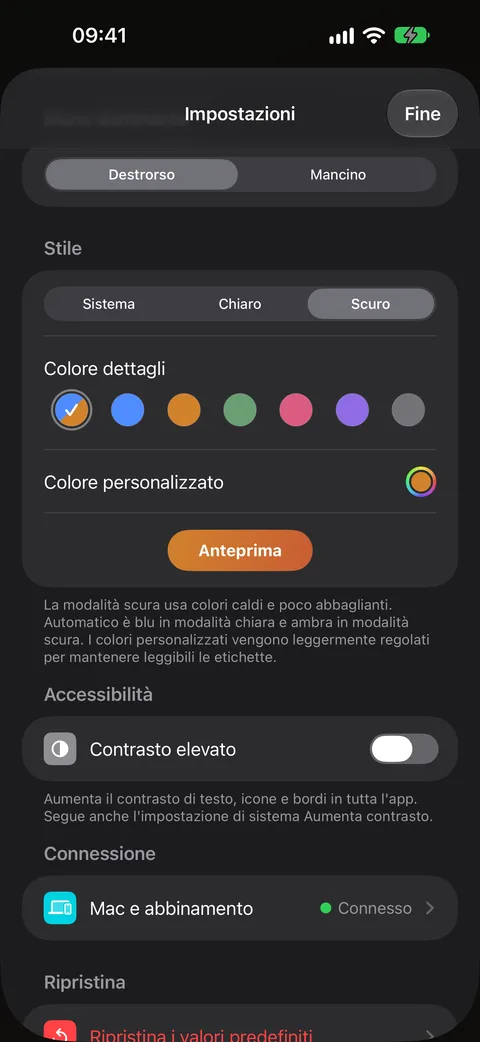 Modalità scura e modalità aiuto