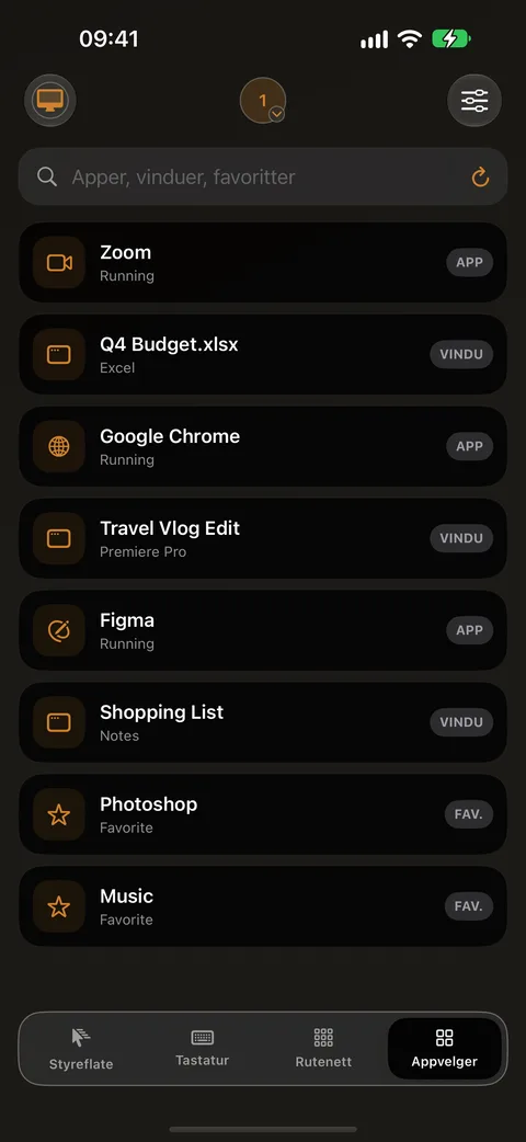 Appvelger på iPhone med en liste over Mac-apper og vinduer som Finder og Google Chrome