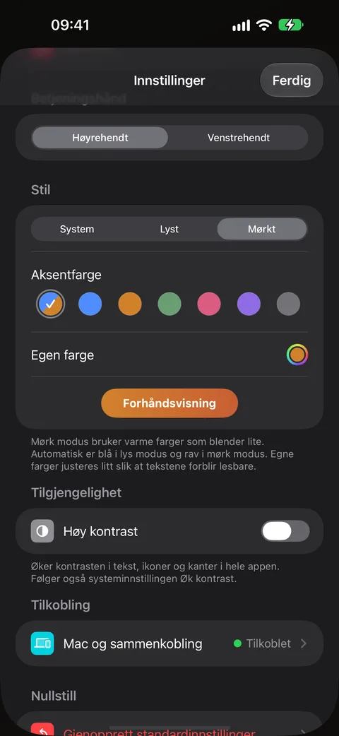 Mørk modus og hjelpemodus
