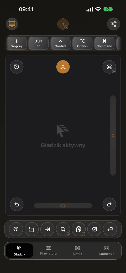 Ekran gładzika Control My Mac na iPhonie, z klawiszami modyfikującymi u góry i szybkimi przyciskami na dole