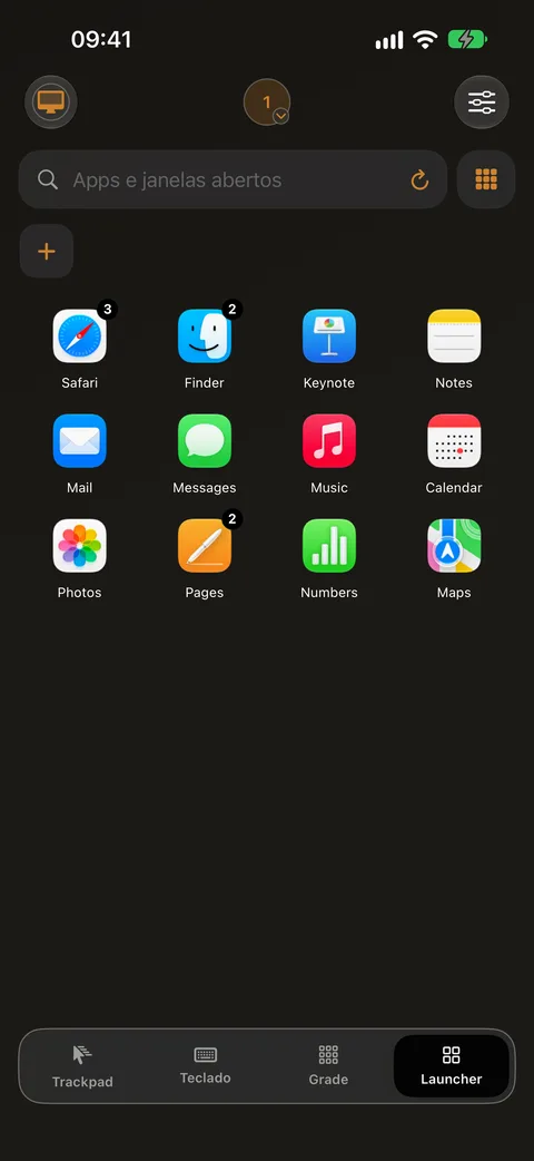 Inicializador de apps no iPhone listando apps e janelas do Mac, como Finder e Safari