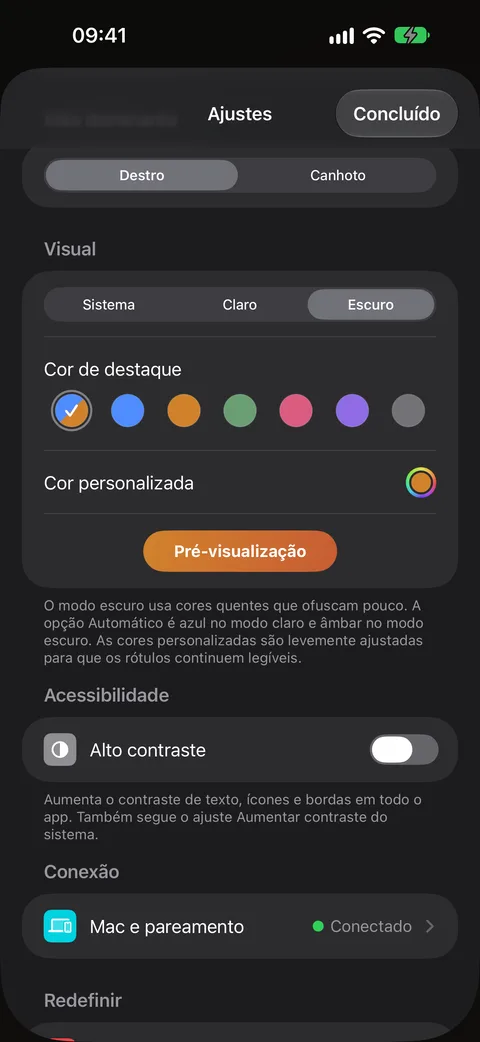 Modo escuro e Modo de ajuda
