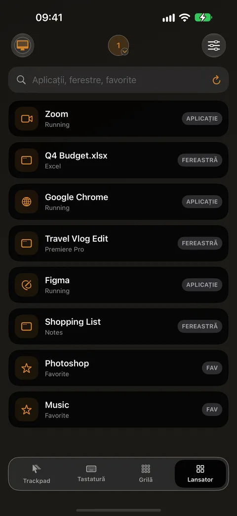 Lansatorul de pe iPhone cu o listă de aplicații și ferestre Mac, precum Finder și Google Chrome