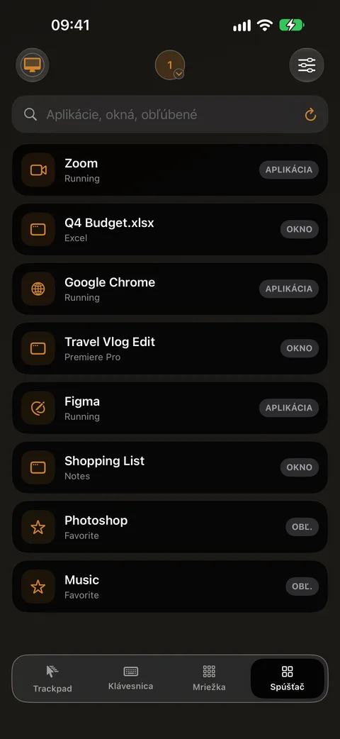 Spúšťač aplikácií na iPhone so zoznamom aplikácií a okien na Macu, napríklad Finder a Google Chrome