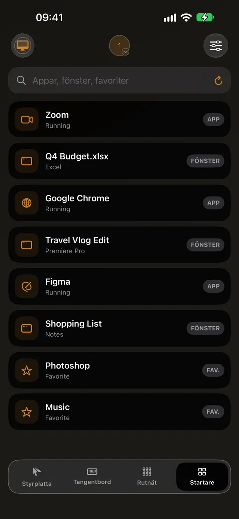 Startaren på iPhone med en lista över Mac-appar och fönster, till exempel Finder och Google Chrome